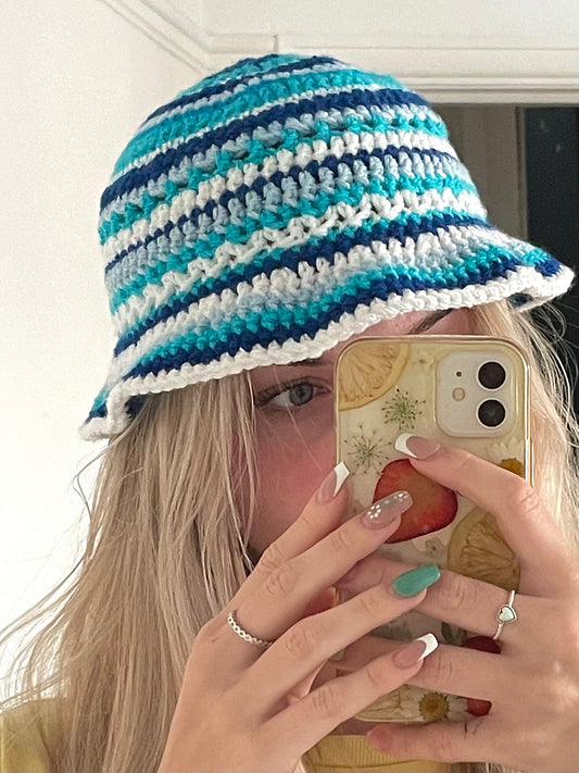 Crochet Handmade Multi-Blue and white bucket hat, Blue and white crochet bucket hat, Blue hat, White hat, Crochet bucket hat