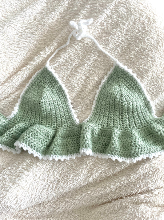 Crochet Handmade peplum Green halter crop top with white edging, Womens crochet clothing